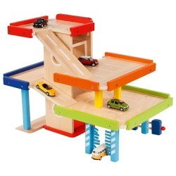 Grand Garage Parking en Bois GOKI - 3 Étages, Ascenseur à Manivelle