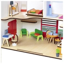 Maison de poupée en bois  Eco house avec poignée ( pour emmener en voyage) et accessoires