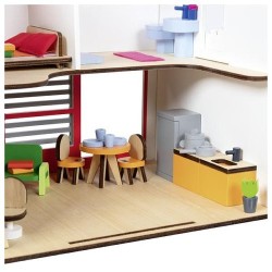 Maison de poupée en bois  Eco house avec poignée ( pour emmener en voyage) et accessoires