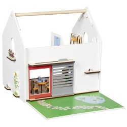 Maison de poupée en bois  Eco house avec poignée ( pour emmener en voyage) et accessoires