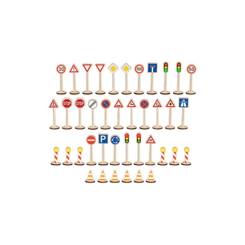 Grand ensemble de panneaux de signalisation en bois - 40 panneaux - 80 élèments