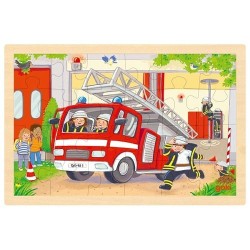Puzzle en bois double face - 2 en 1 Camion de pompiers et verso Hélicoptère  - 24 pièces par puzzle