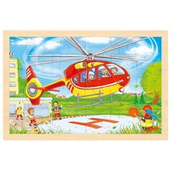 Puzzle en bois double face - 2 en 1 Camion de pompiers et verso Hélicoptère  - 24 pièces par puzzle
