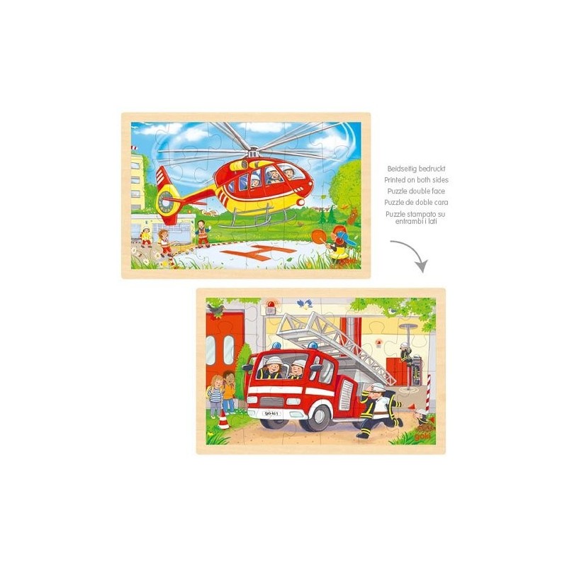 Puzzle en bois double face - 2 en 1 Camion de pompiers et verso Hélicoptère  - 24 pièces par puzzle